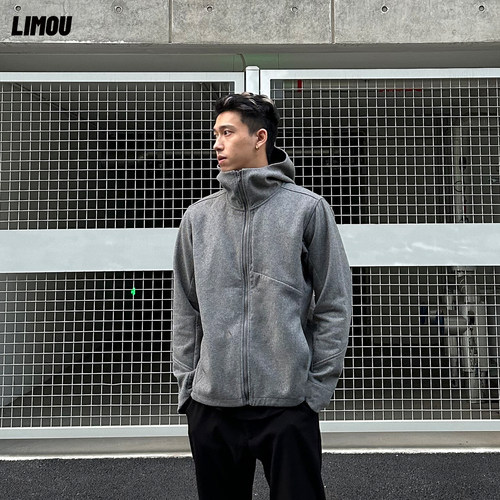 LIMOU户外秋冬绵羊毛呢夹克加厚连帽加绒冲锋衣外套男