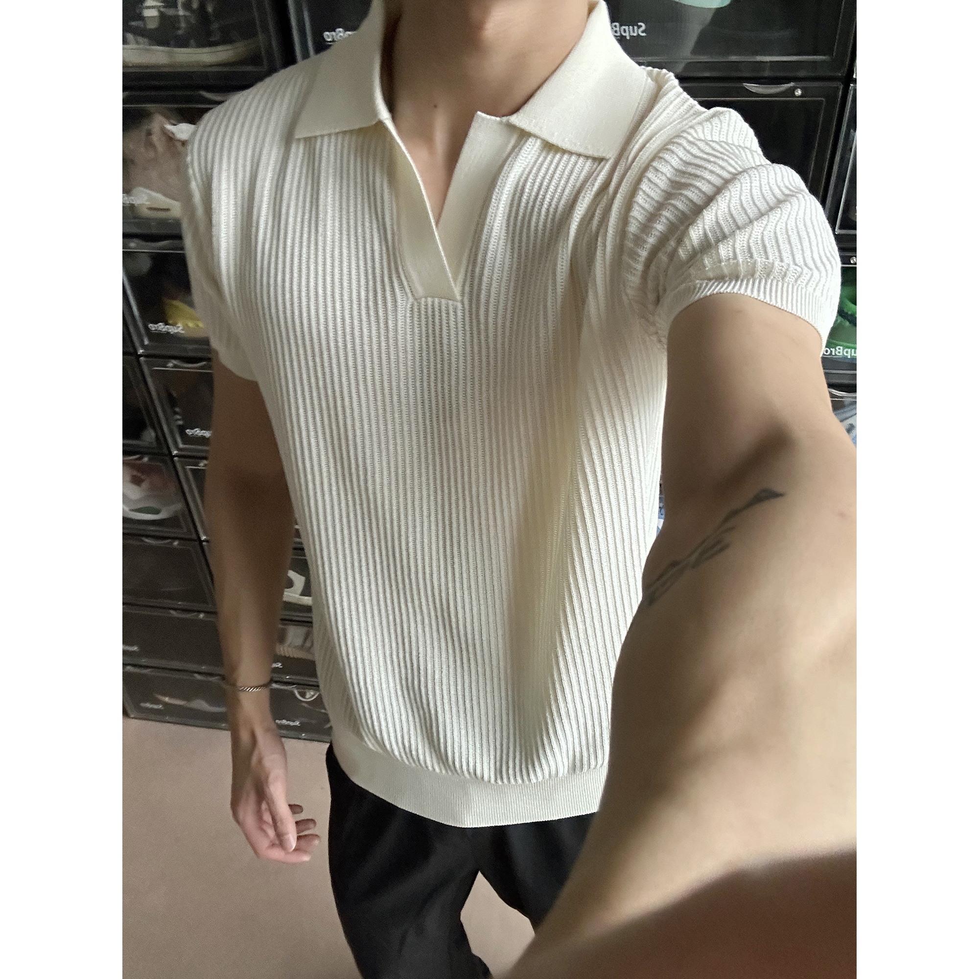 LIMOU夏季老钱风海鸥领翻领短袖POLO衫收口袖垂感潮男针织保罗衫