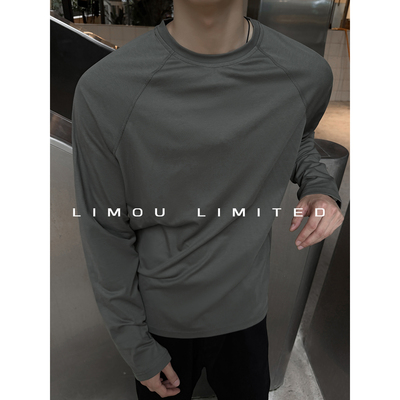 LIMOU插肩袖显肩宽纯色小领口健身运动休闲长袖T恤男士内搭打底衫