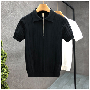 日系cityboy半拉链T恤潮牌宽松复古 美式 纯色短袖 条纹POLO衫 男夏季