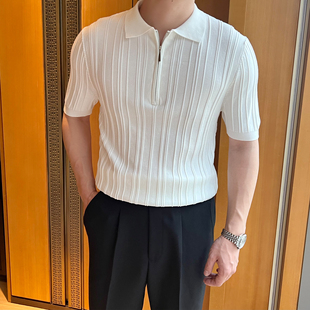 休闲拉链短袖 男 POLO男士 英伦复古气质提花翻领坑条针织T恤马球衫