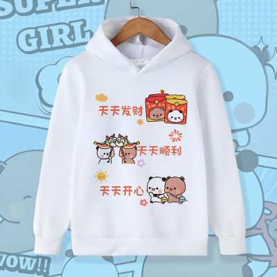 卡通可爱风一二布布连帽加绒卫衣男女童亲子装白色动物图案上衣