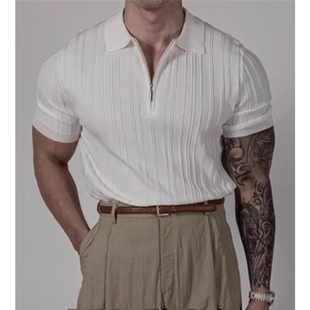 潮牌韩版 轻熟风高级感翻领短袖 夏季 条纹POLO衫 半拉链针织T恤 男士