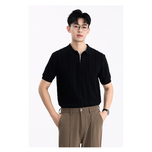 新款 男高级感短袖 夏季 拉链针织Polo衫 复古轻熟风通勤T恤 修身 美式