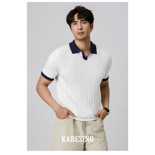 男士 T恤 提花V领polo衫 撞色拼接针织短袖