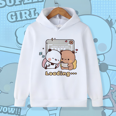 卡通可爱风一二布布连帽加绒卫衣男女童亲子装白色动物图案上衣