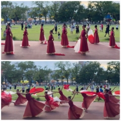儿童古典舞演出服光亮舞蹈服中国风飘逸纱衣红色万疆舞蹈扇子舞服