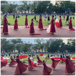 儿童古典舞演出服光亮舞蹈服中国风飘逸纱衣红色万疆舞蹈扇子舞服