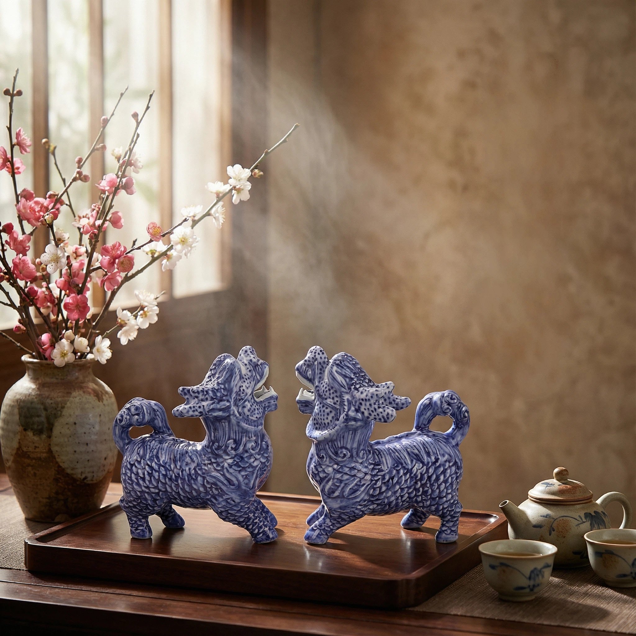 景德镇青花瓷雕塑麒麟摆件陶瓷瑞兽走兽小号一对家居酒店装饰摆件
