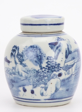 景德镇仿古做旧清康熙年制清华山水茶叶罐装饰中式收纳储物罐摆件