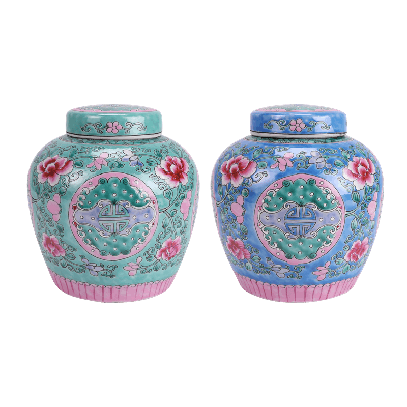 景德镇陶瓷手绘粉彩梅花缠枝陶瓷盖罐茶叶罐粉蓝粉绿现代色彩装饰