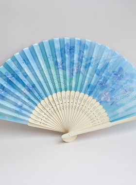 和风蓝色绣球布面汉服浴衣配饰优雅折叠折扇子 日本大创DAISO代购