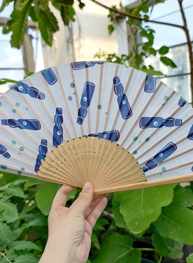 清新波子汽水蓝色布面汉服浴衣配饰折叠折扇子 日本大创DAISO代购