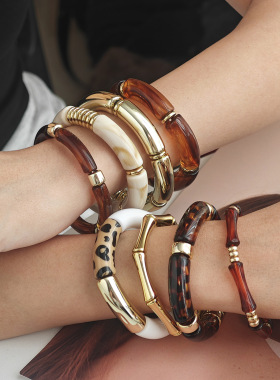 复古豹纹玳瑁竹节手镯小众设计感叠戴手环通勤气质新中式文艺手饰