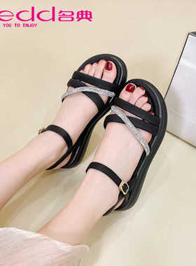 名典2024夏新款露趾百搭一字扣平底休闲水钻软底舒适女凉鞋55620