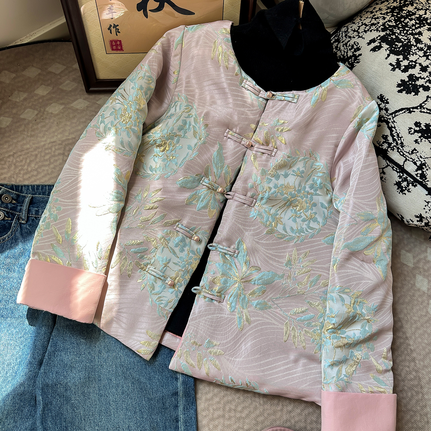 粉黛纯棉花棉服新中式提花棉衣