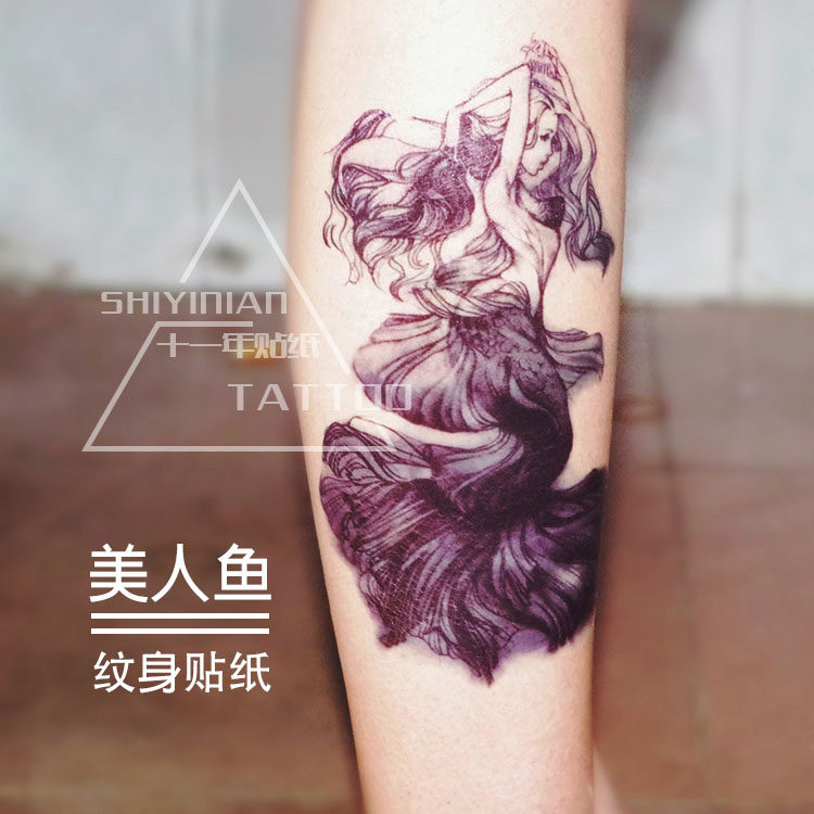 美人鱼纹身贴创意素描女持久防水性感美女小腿手臂大图刺青