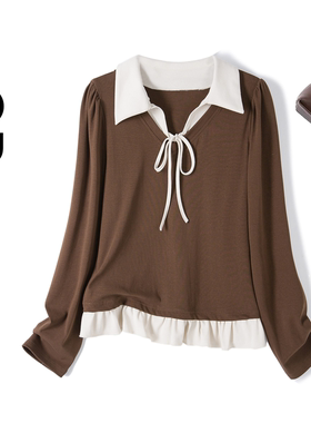 OBanNeR 2026春假两件系带设计长袖T恤胖mm显瘦拼色翻领衬衫80792