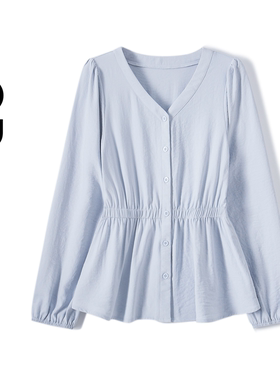 2026春装新款胖mm大码法式百搭收腰V领小衫通勤休闲长袖衬衫80342