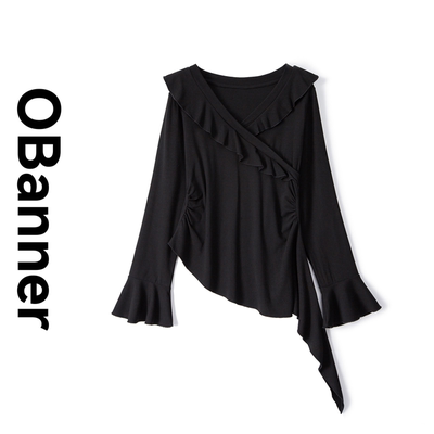 2025春装新款胖mm大码女荷叶边V领长袖T恤辣妹不规则上衣80235