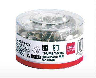 得力镀镍图钉0040 软木钉子 固定照片三针一钉办公用品 筒装300枚