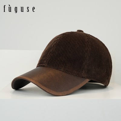 复古秋冬保暖皮帽檐灯芯绒棒球帽