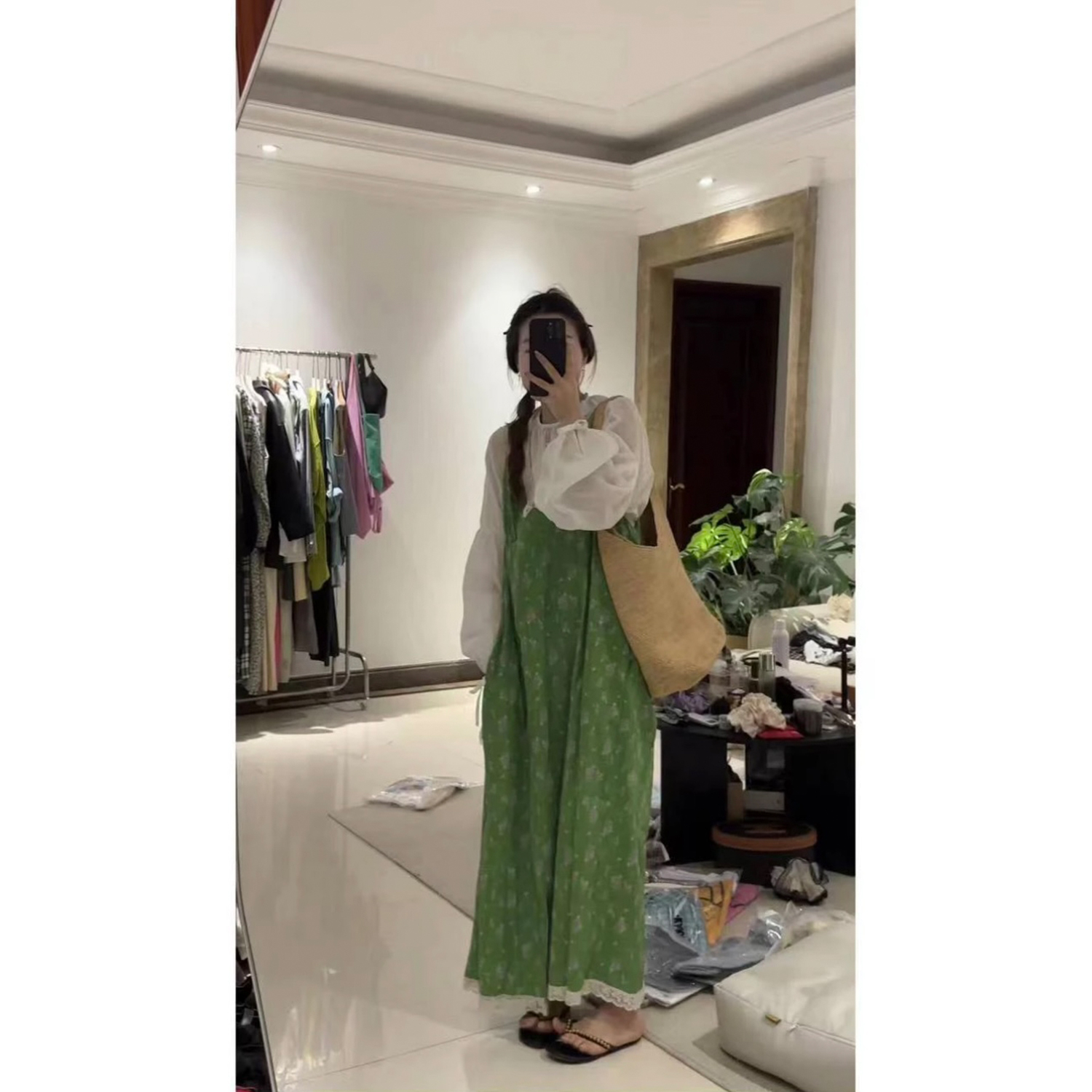 “绿意”小众减龄开叉吊带裙套装小清新连衣裙棉麻慵懒感衬衫上衣