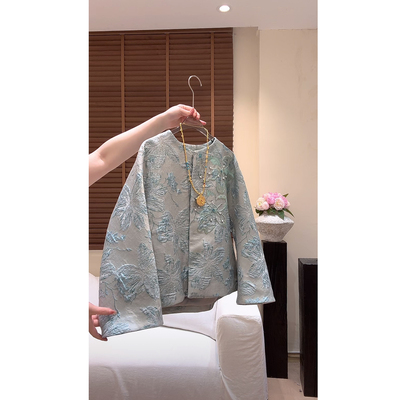 “花开青蓝”新中式国风圆领重工刺绣钉珠短外套2025春款