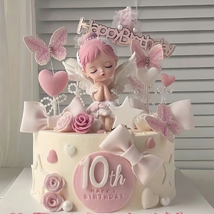 贝拉公主蛋糕装 饰插件 饰摆件天使翅膀女孩仙女宝贝生日甜品烘焙装
