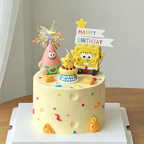 海绵宝宝派大星黄胖子蛋糕装饰摆件套装黄色笑脸星星蜡烛生日插件