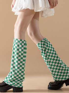 拼色堆堆袜套白绿色棋盘格子阔腿套小众Y2K复古学院风中筒袜ins潮