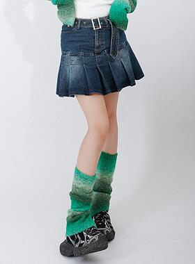 梦幻渐变绿色羊毛堆堆袜套阔腿开叉Y2K辣妹JK针织腿套ins学院风女