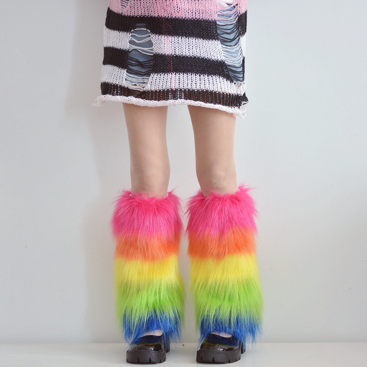 拼色仿皮草袜套彩虹糖果色毛绒腿套走秀表演cosplay万圣节绿黄红