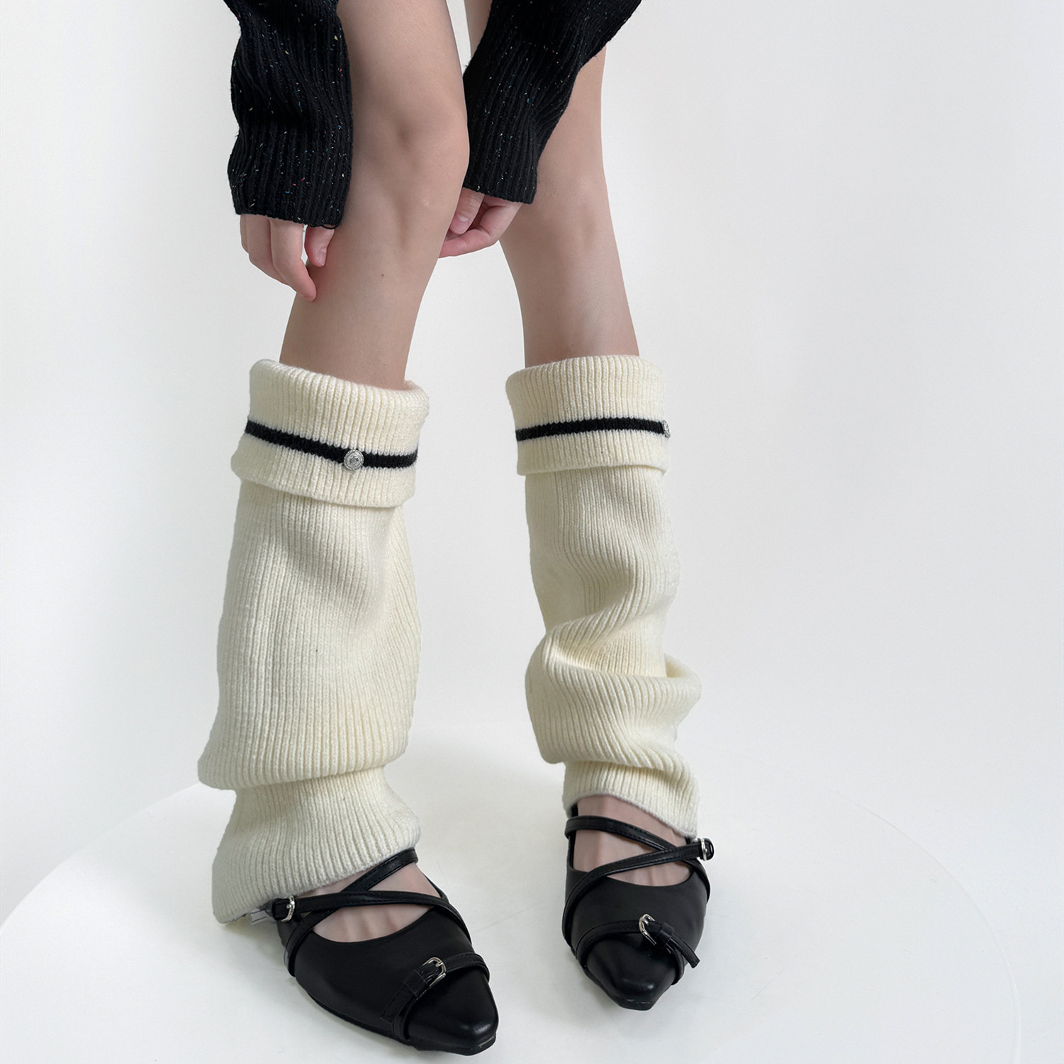 甜美奶白色堆堆袜套翻边金属扣Y2K辣妹JK亚文化Lolita少女慵懒感