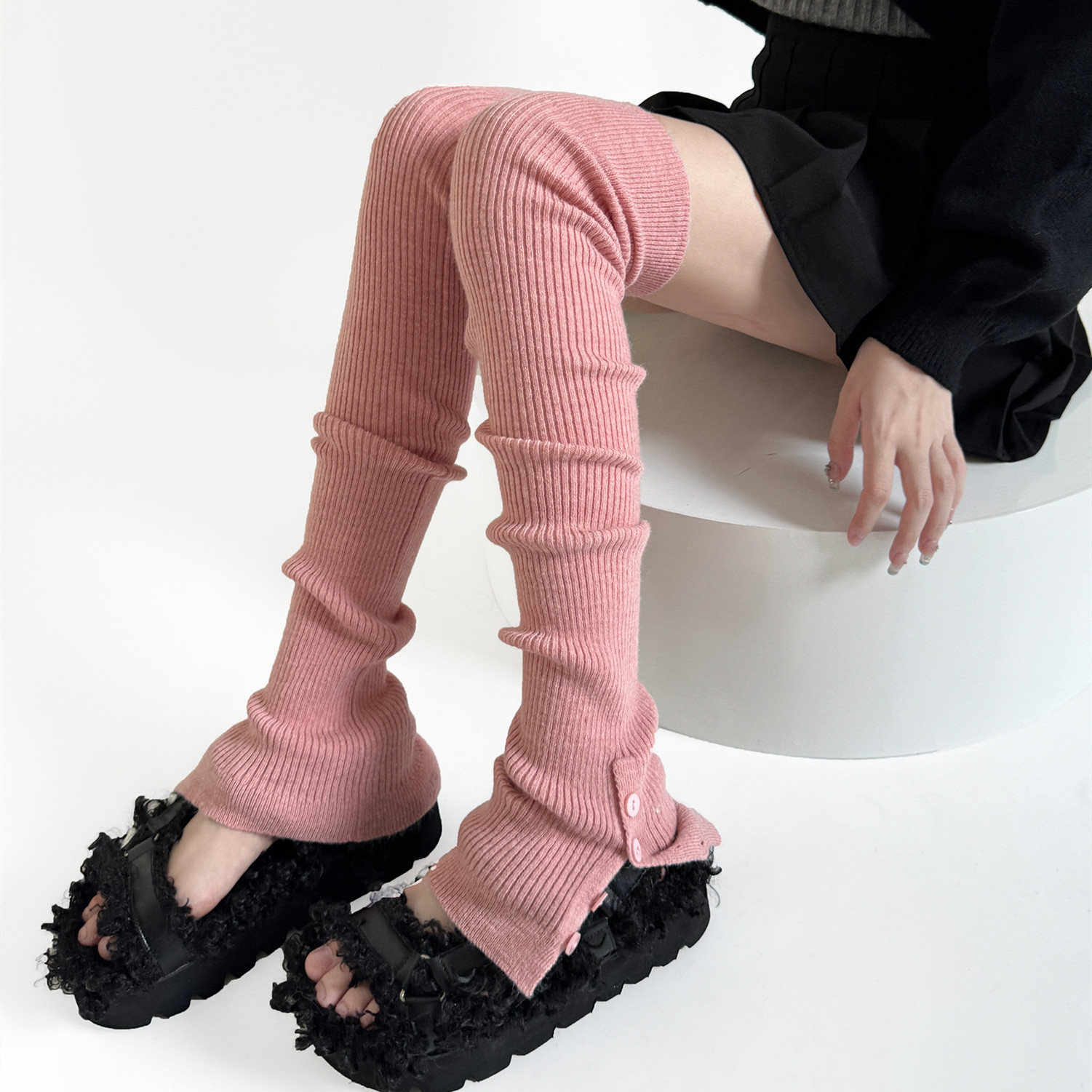 少女皮粉色堆堆袜套纽扣糖果色