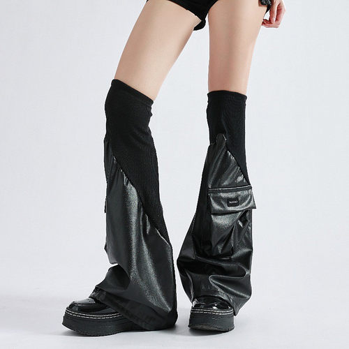 辣妹仿皮阔腿袜套口袋ins机车风