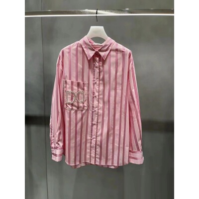 正品春季新闲翻领条纹拼色字母单排扣衬衫女 2I1C402-24