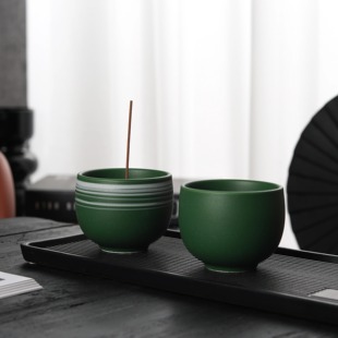 森林绿陶瓷香托禅意九孔香炉家用供佛香摆件复古手工香薰茶道香插