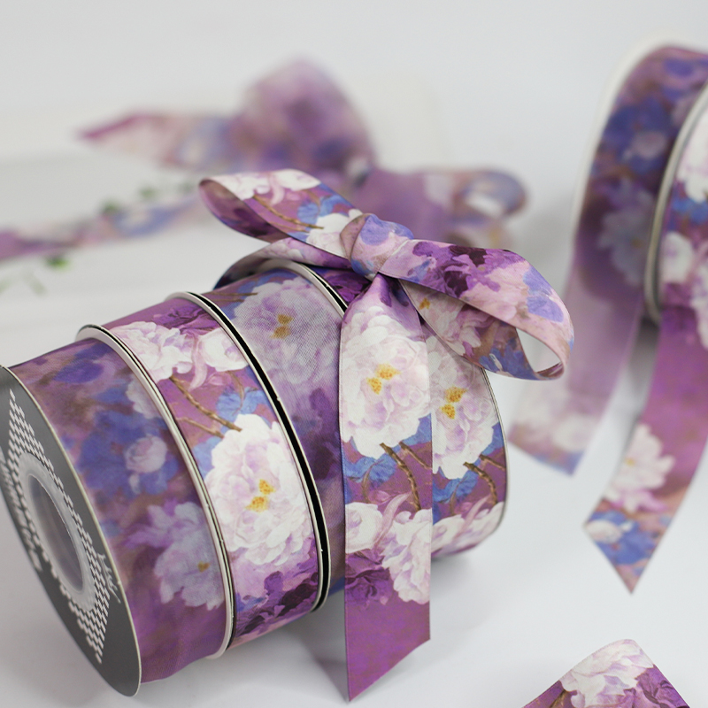 紫色高级印花消光棉牛奶纱丝带鲜花礼物打包带礼品绑带花束包装带