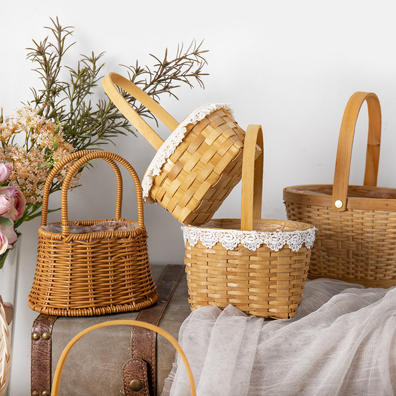 田园ins风欧式创意手工藤编插花手提花篮竹编织鲜花盆拍照道具