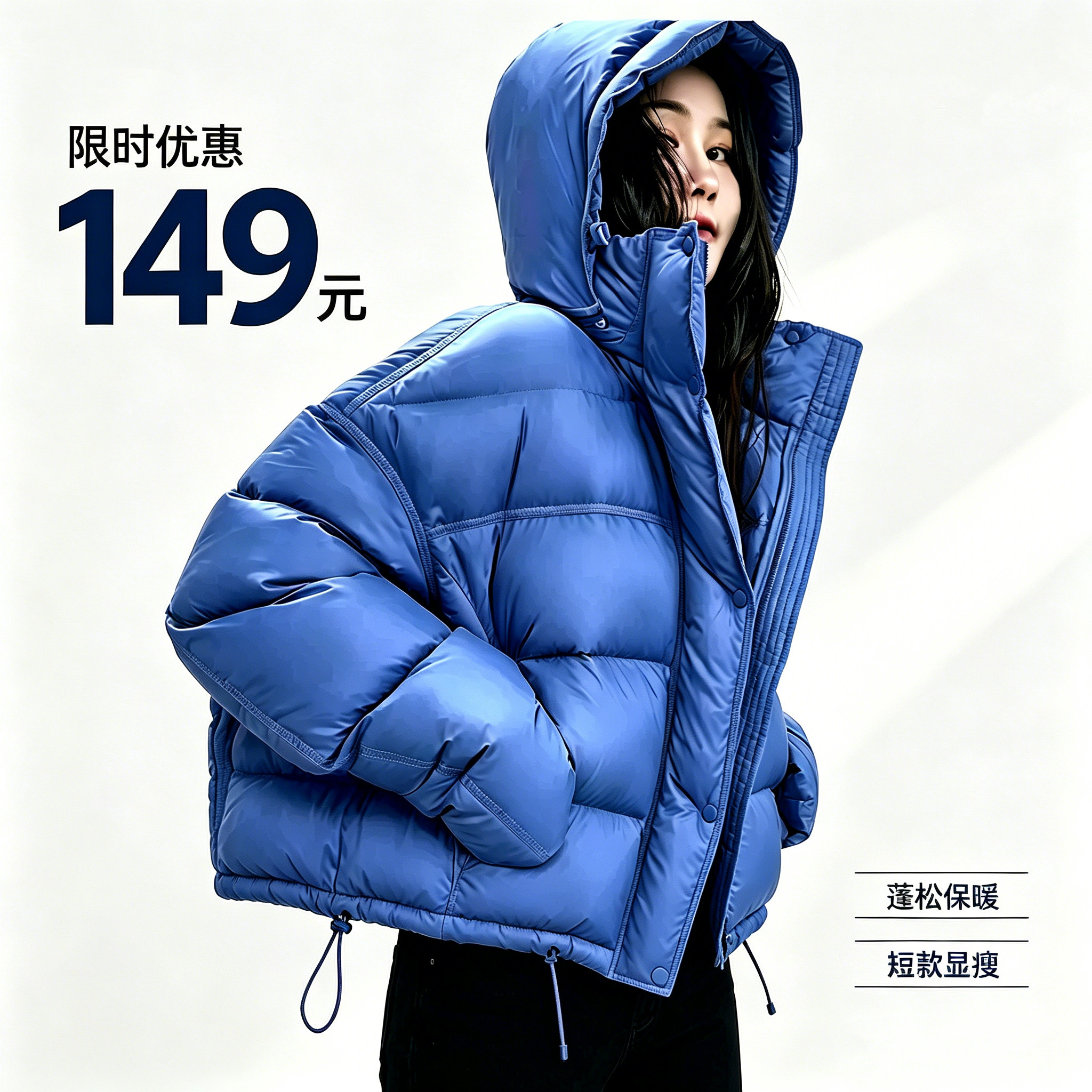 泡芙蓝色龟背短款羽绒服女秋冬新蓬松连帽可拆卸面包服白鸭绒外套