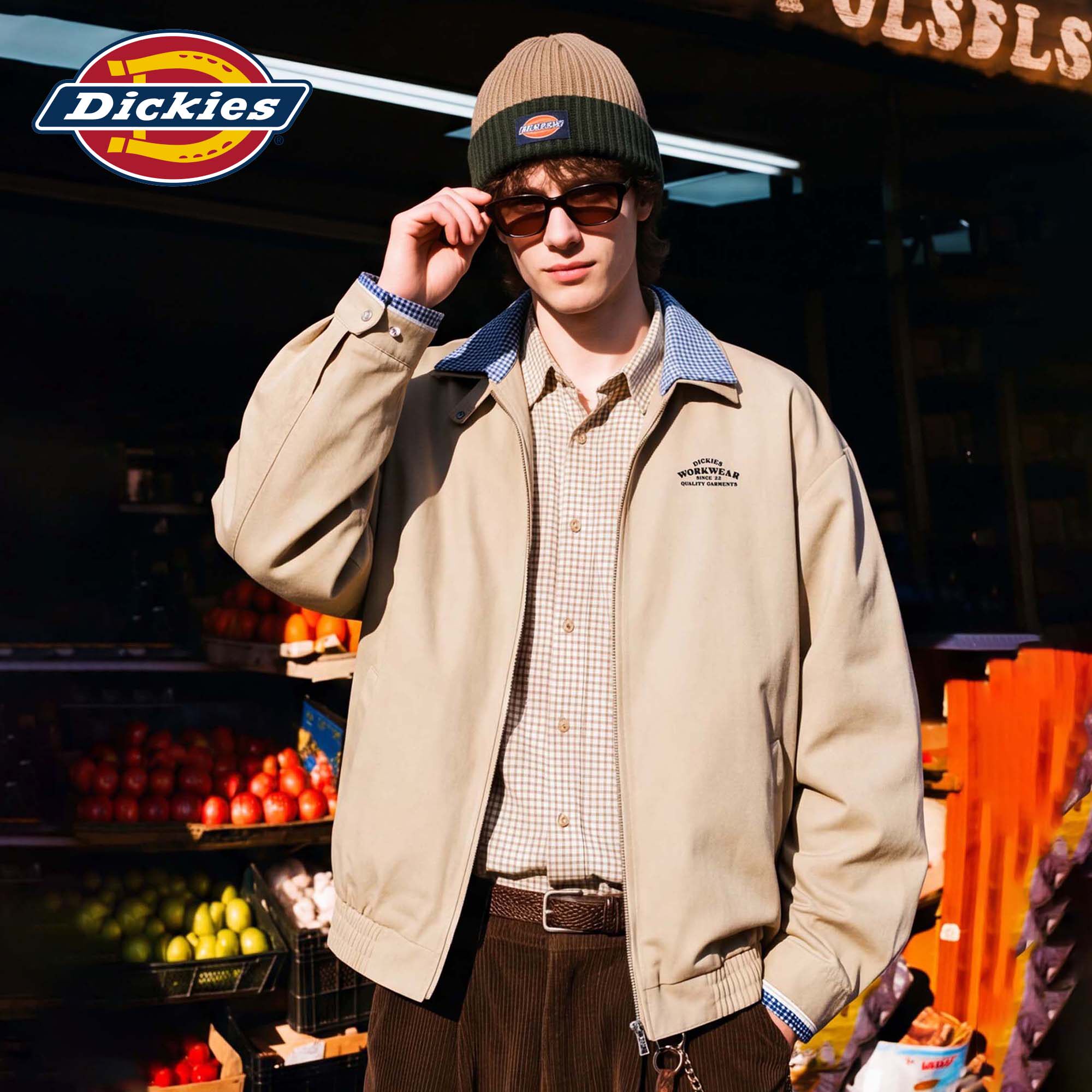 Dickies帝酷适撞色格纹翻领拼接夹克男秋冬美式复古宽松休闲外套M