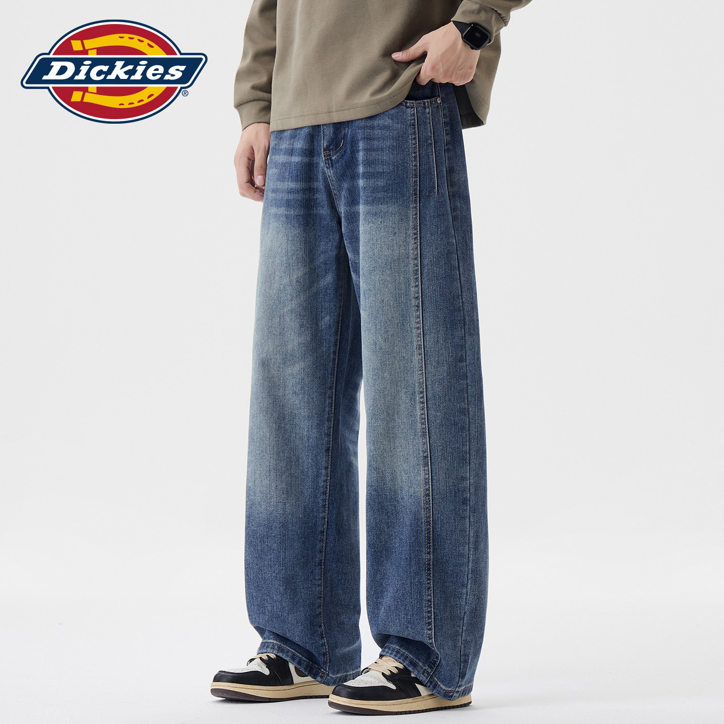 Dickies帝酷适秋季新款解构拼接猫须水洗牛仔裤男士宽松直筒长裤Y