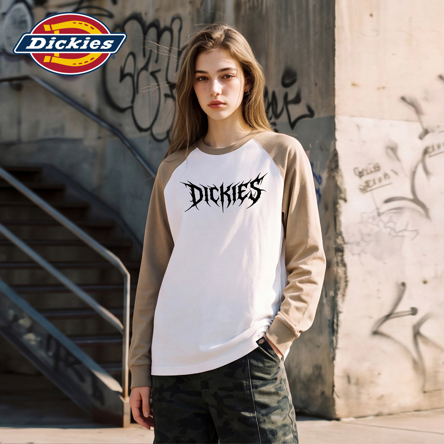 Dickies帝酷适美式潮牌字母印花长袖T恤女2026秋季撞色长袖上衣m