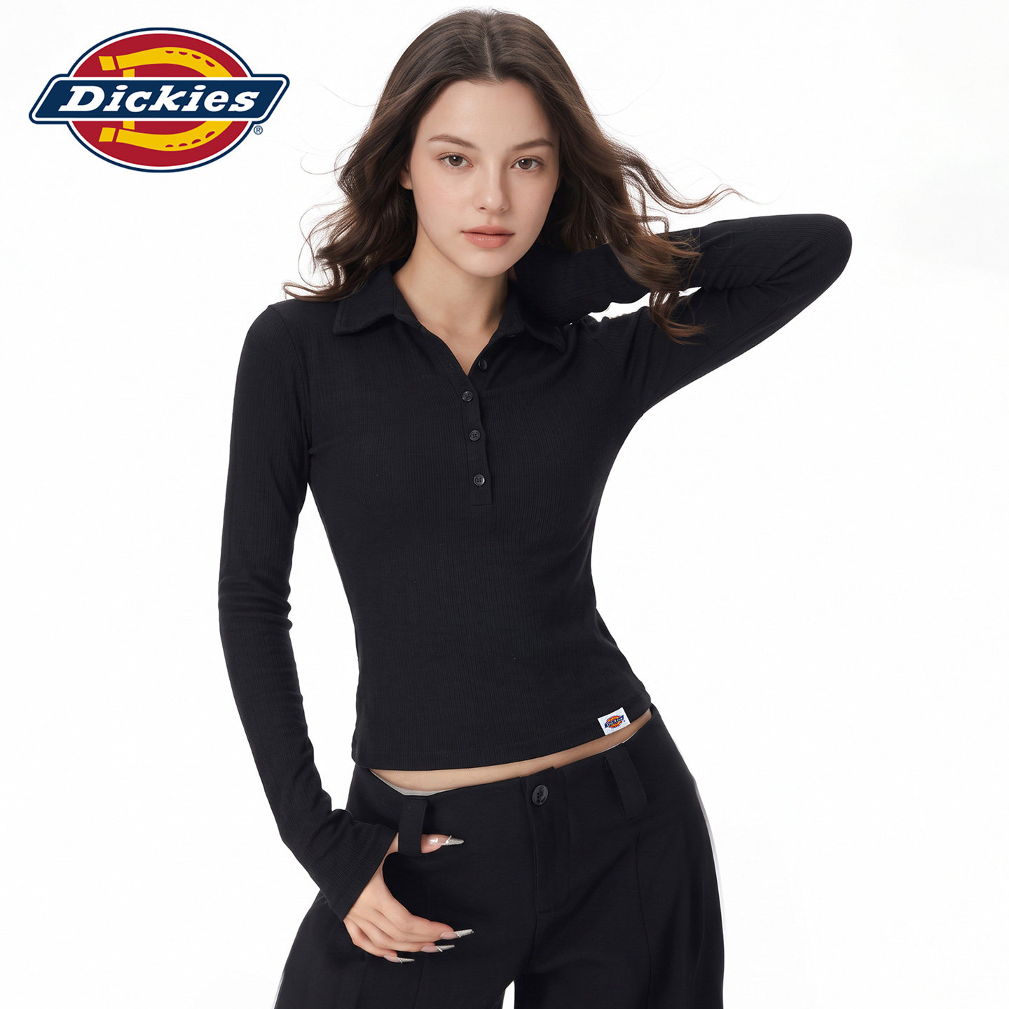 Dickies帝酷适复古黑色POLO领长袖针织衫女显瘦修身辣妹打底上衣Y
