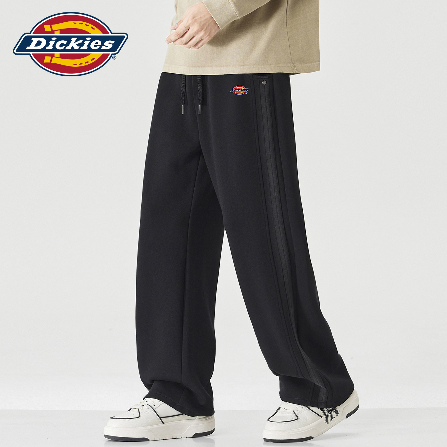 Dickies帝酷适秋季拼接条纹垂感针织卫裤男士抽绳宽松直筒休闲裤Y