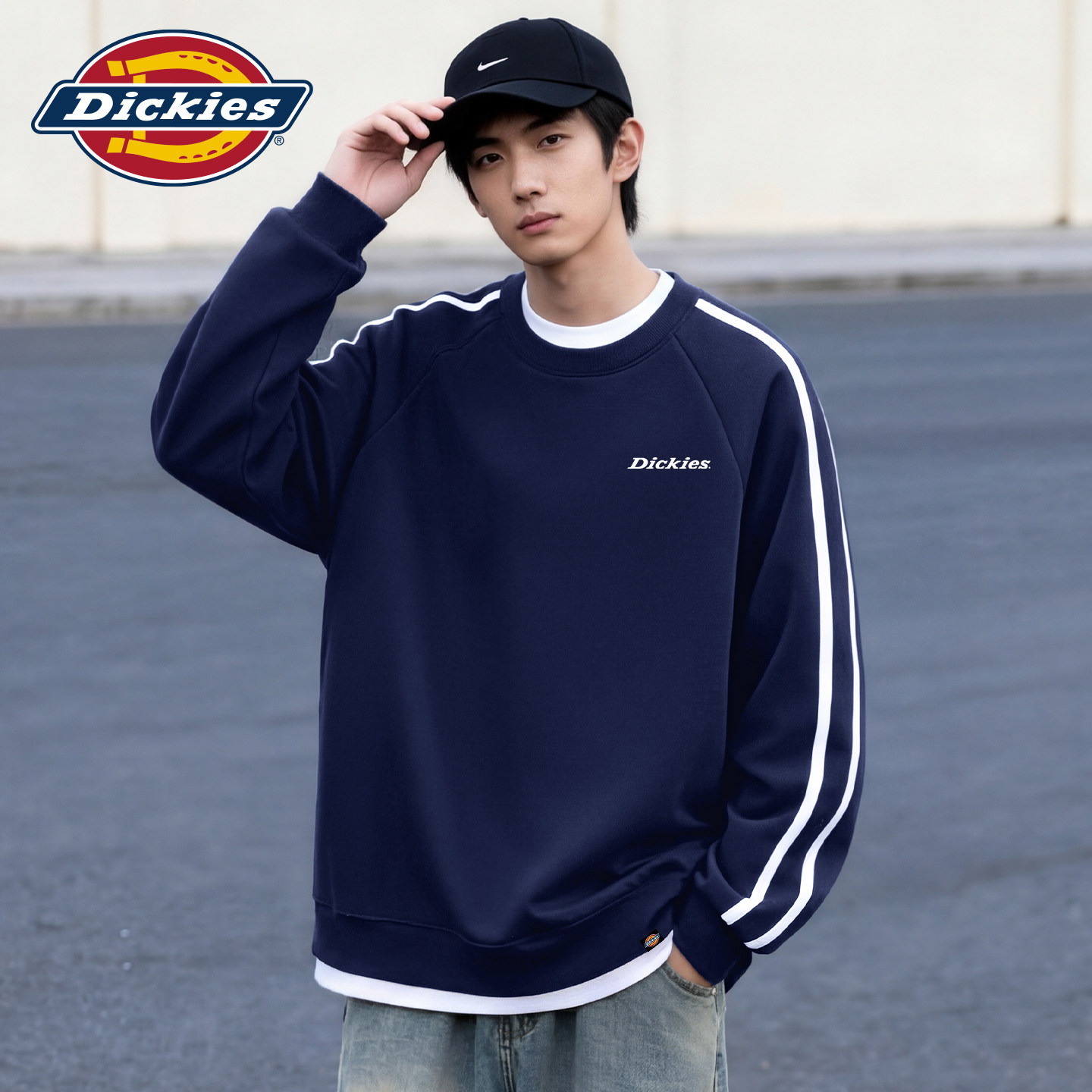 Dickies男士春秋款圆领卫衣小众设计感条纹拼接重磅面料秋装外套A