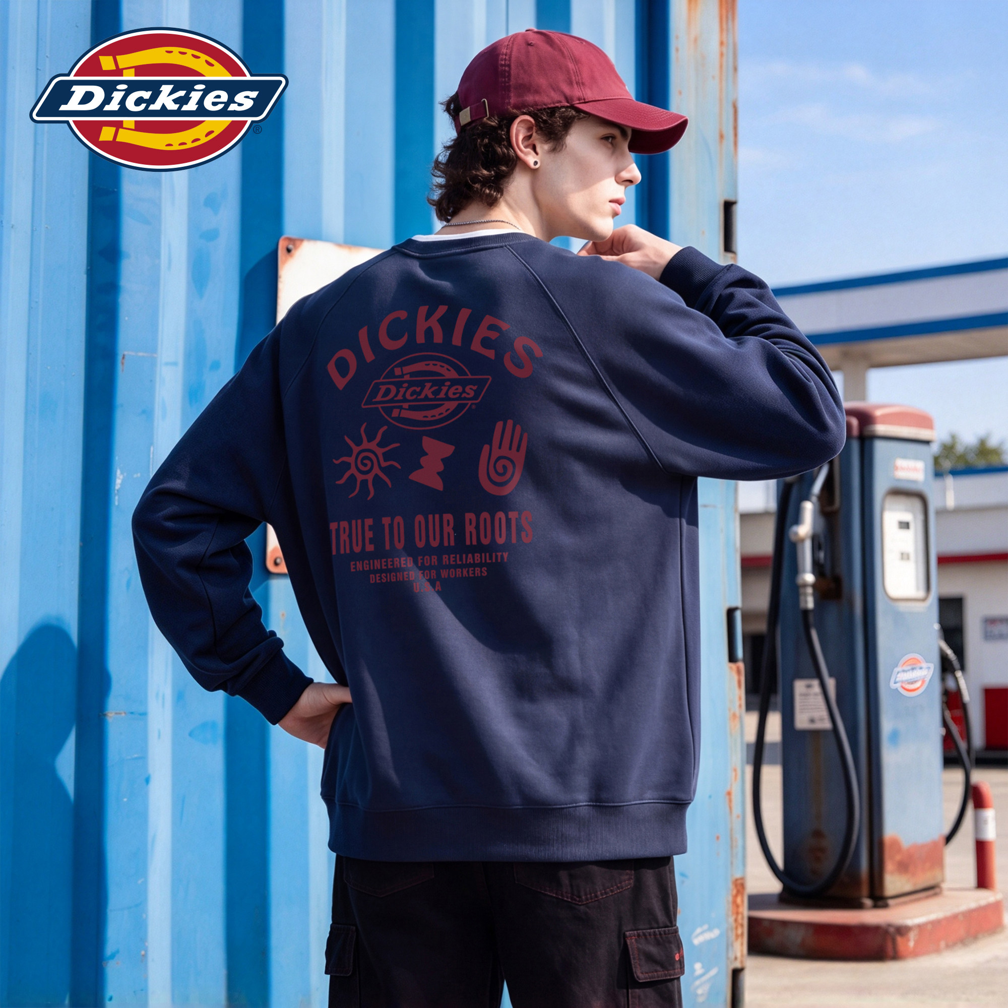 Dickies帝酷适潮牌后背印花拼色圆领卫衣男秋季美式宽松百搭上衣M
