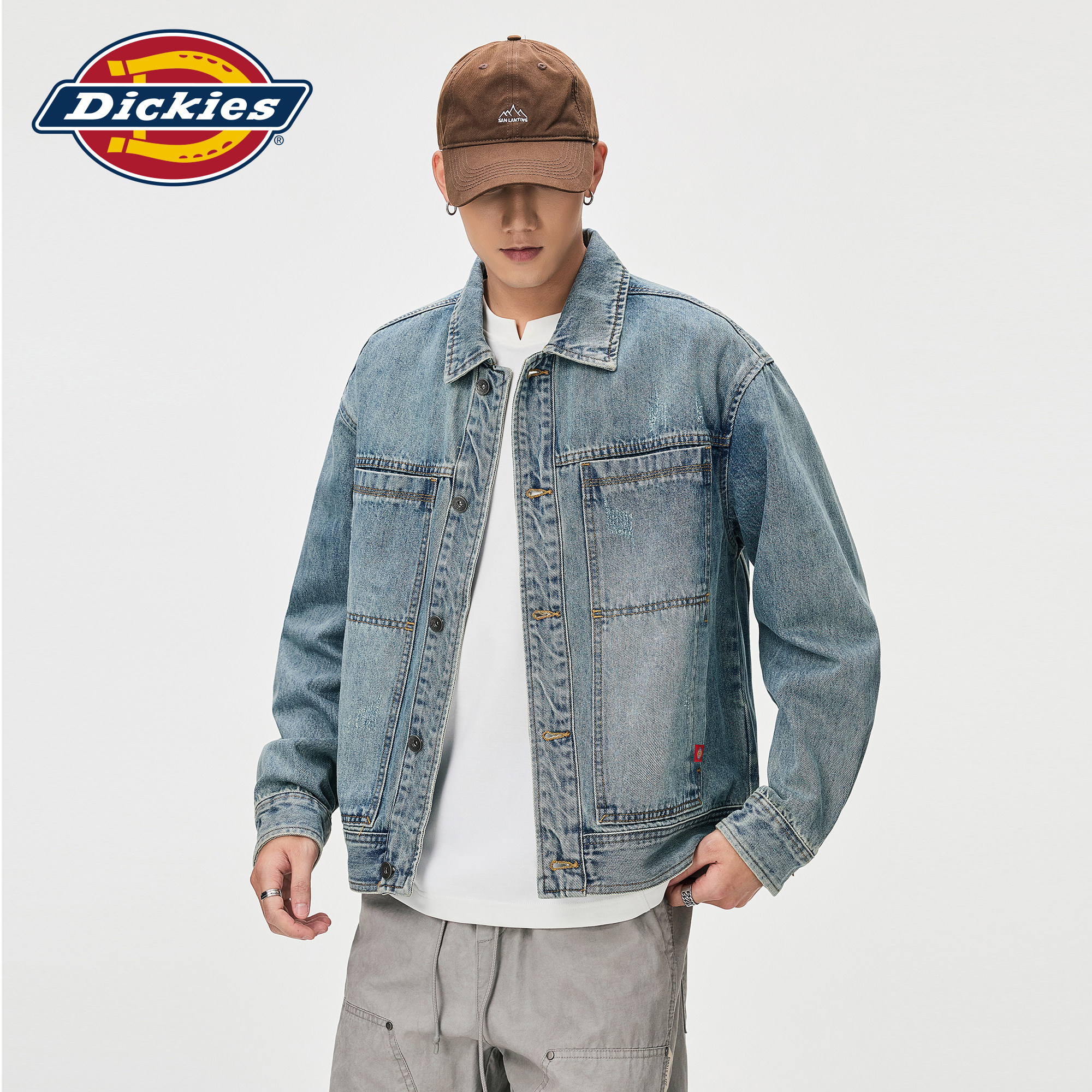 Dickies帝酷适美式复古牛仔外套男秋季浅色水洗百搭翻领工装夹克M
