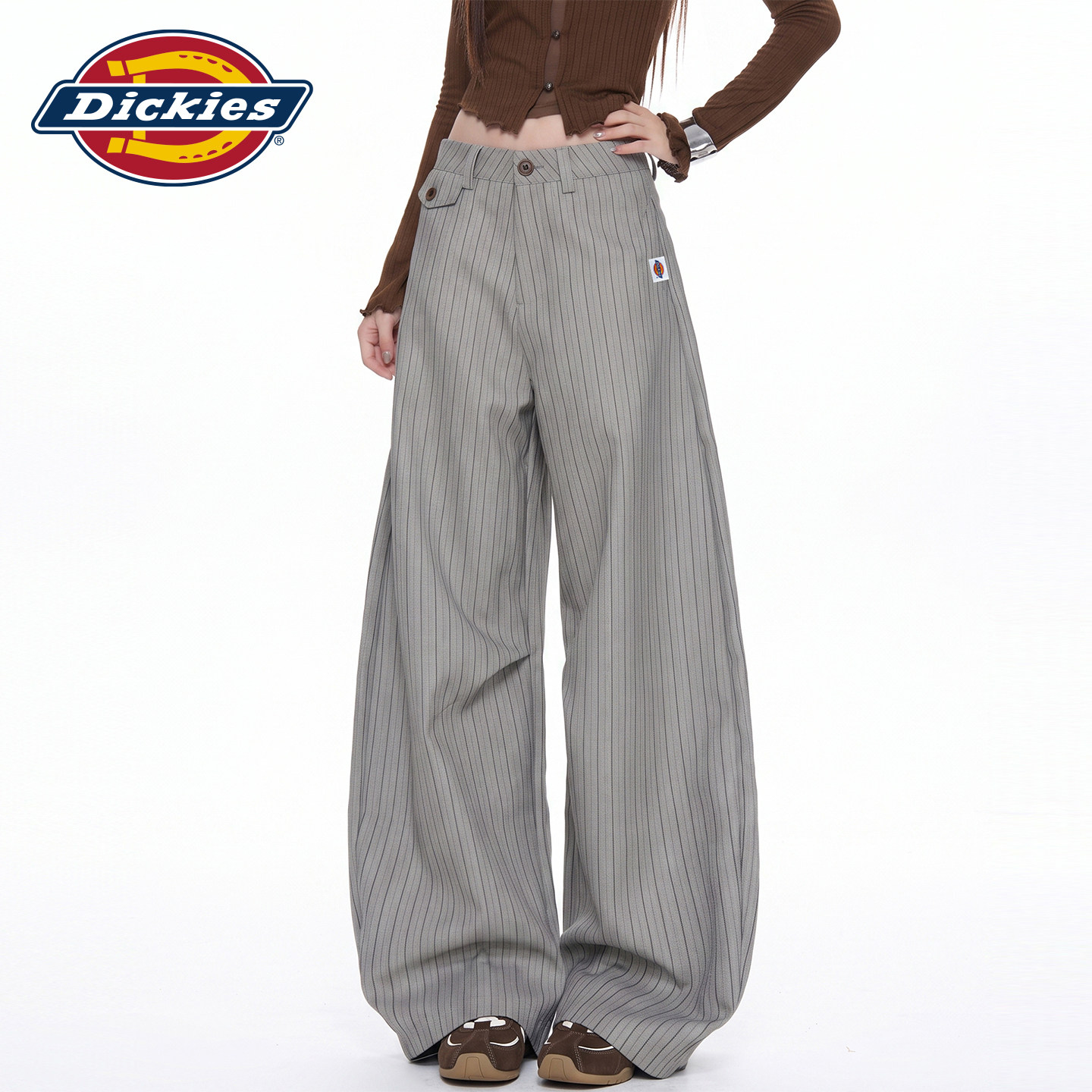Dickies帝酷适灰色老钱风条纹阔腿西装裤女高腰宽松休闲拖地裤子Y